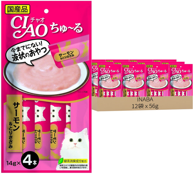 INABA CIAO 啾嚕 肉泥, 鮭魚 + 雞肉, 56g, 12袋