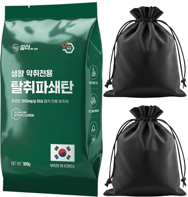 필터포유 파쇄 활성탄 실내 탈취제 + 부직포 주머니 2p 세트, 1개, 500g - 쿠팡