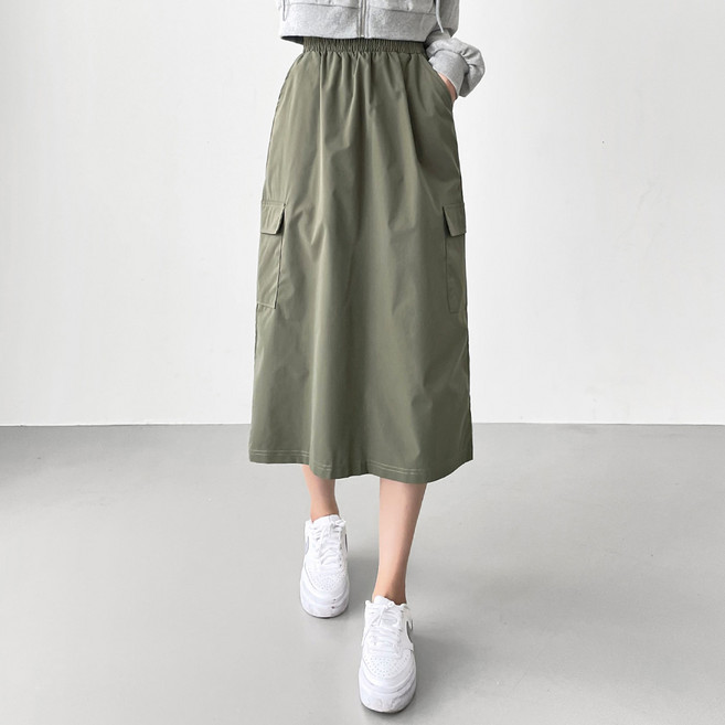 잘빠진 웨스트 바스락 카고 롱 스커트