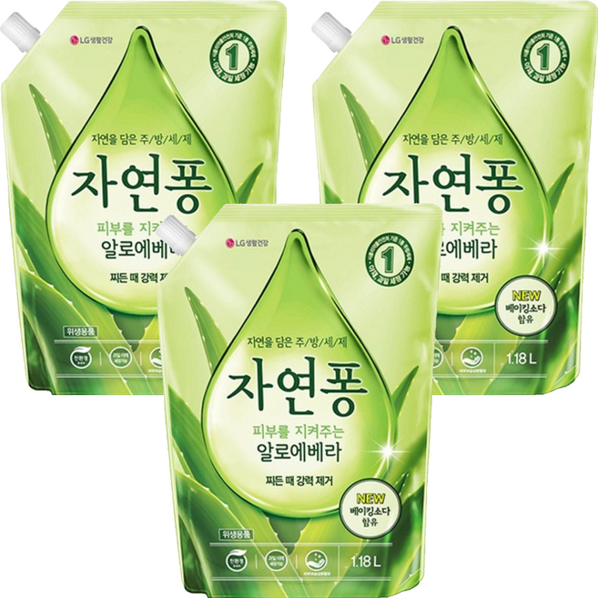 [비건라이프] 자연퐁 피부를 지켜주는 알로에베라 주방세제 리필, 3개, 1.18L