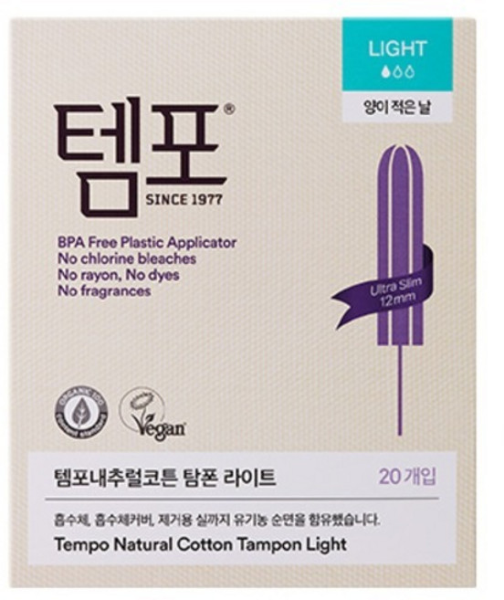 템포 내추럴코튼 탐폰 삽입형 생리대, 라이트, 20개입, 1개
