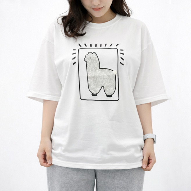 안다로미 여성용 라마 나염 오버핏 박스 반팔 티셔츠