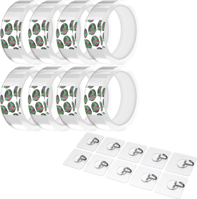 Monster CLEAR GEL 透明凝膠膠帶 30mm x 1m x 2mm 8入 + 掛鉤 10入, 透明, 1組