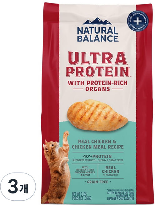 내추럴발란스 전연령 캣 울트라 프로틴 리얼 레시피 건식사료, 닭, 1.36kg, 3개