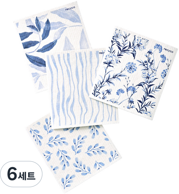 Recyco 리시코 셀룰로오스 다회용 행주 수채화꽃 패턴 4종 세트, 6세트