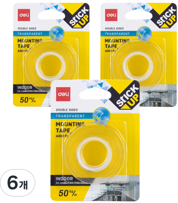 델리 양면테이프 25.4mm x 1.5m EA35201, 투명, 6개