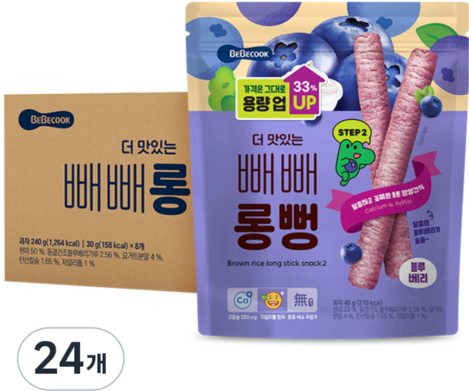 베베쿡 더 맛있는 빼빼롱뻥, 블루베리, 40g, 24개