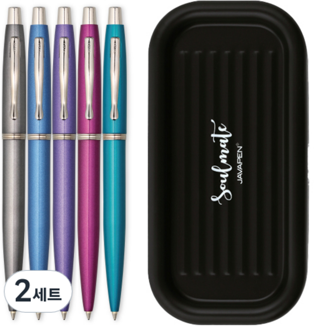 자바펜 갤럭시 볼펜 0.8mm 5종 + 펜트레이 세트, 티타늄, 블루, 터콰이즈, 퍼플, 와인(볼펜), 랜덤발송(펜트레이), 2세트