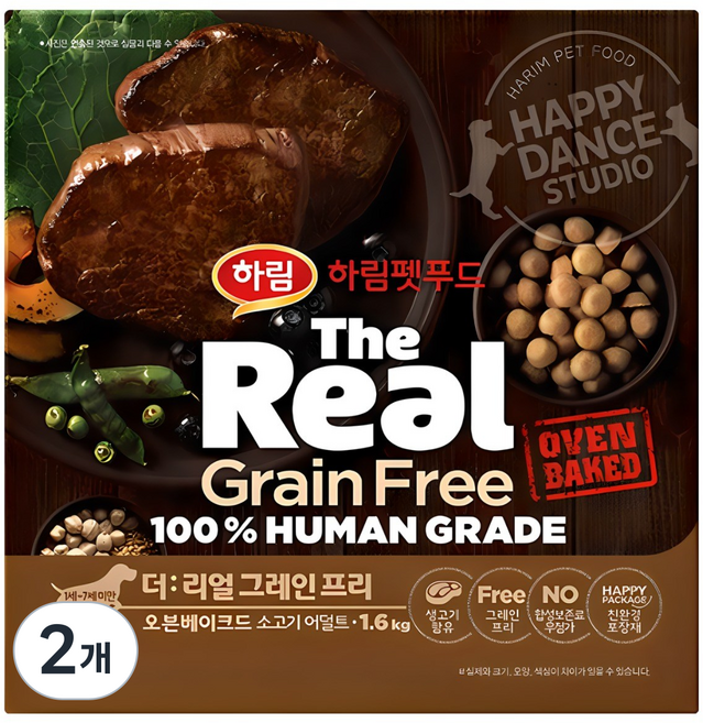 하림펫푸드 어덜트 강아지 더리얼 그레인프리 오븐베이크드 건식사료, 소, 1.6kg, 2개