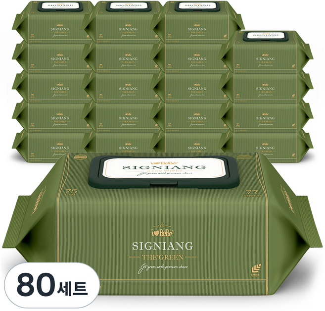 아이러브베베 시그니앙 더그린 아기물티슈 캡형, 75g, 77매, 80세트