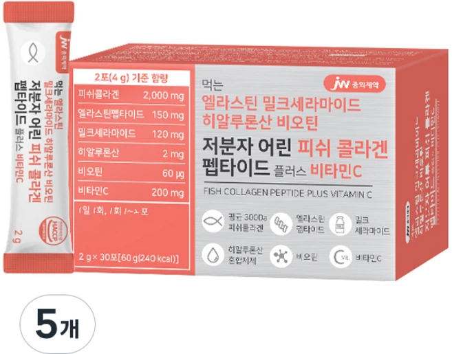 JW중외제약 먹는 엘라스틴 밀크세라마이드 히알루론산 비오틴 저분자 어린 피쉬 콜라겐 펩타이드 플러스 비타민C 30p, 60g, 5개 - 쿠팡