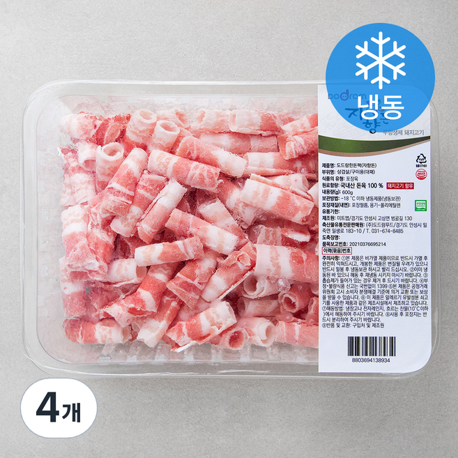 도드람 한돈 무항생제 대패 삼겹살 구이용 (냉동), 600g, 4개