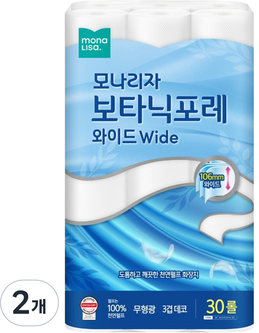 모나리자 보타닉포레 와이드 3겹 천연펄프 화장지, 30m, 30롤, 2개