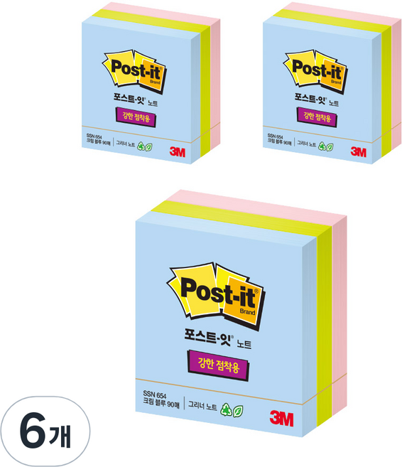 포스트잇 슈퍼스티키 그리너노트 654 3색 76 x 76 mm, 혼합 색상, 6개
