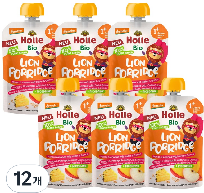 홀레 유기농 오트밀 퓨레 라이언 포리지, 혼합맛(사과 / 망고 / 파인애플), 110g, 12개