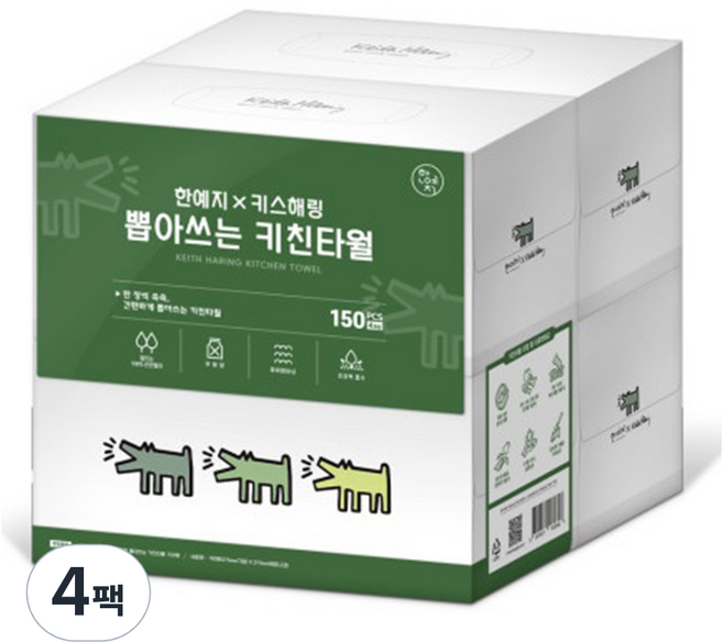 한예지 키스해링 뽑아쓰는 천연펄프 각키친타올, 150매, 16개
