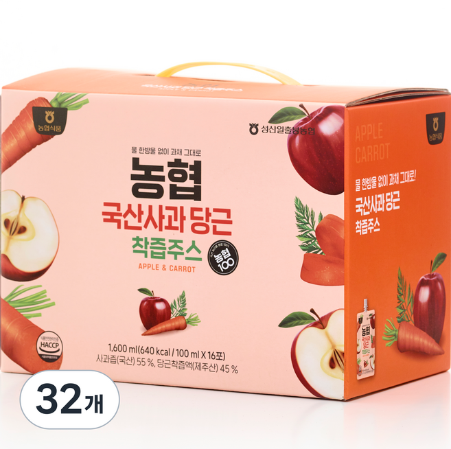 농협 국산 사과 당근 착즙주스, 100ml, 32개