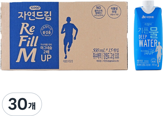 기픈물 자연드림 리필엠 종이팩 마그네슘 2배 해양심층수, 500ml, 30개
