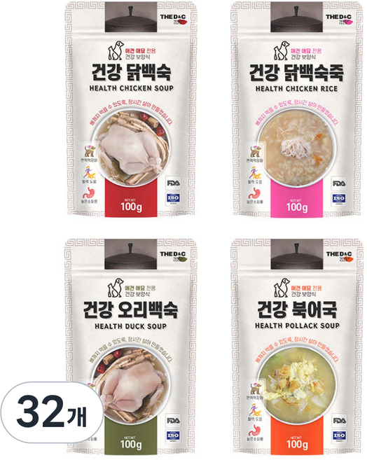 더독 반려동물 외식시리즈 건강 파우치, 닭백숙 + 북어국 + 오리백숙 + 닭백숙죽, 100g, 32개