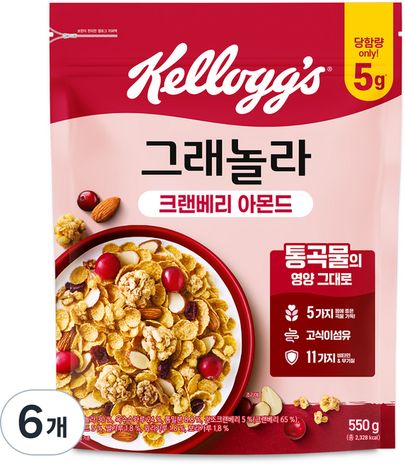켈로그 크랜베리 아몬드 그래놀라, 550g, 6개