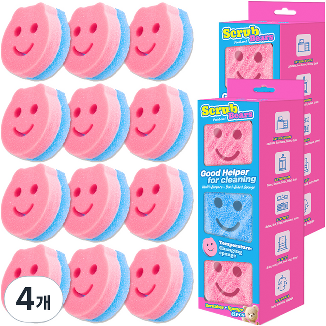 푸러블 스크럽 베어 양면 수세미, 6개입, 4개