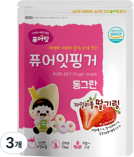 퓨어잇 퓨어잇핑거 동그란 자일리톨 과일링, 딸기, 40g, 3개