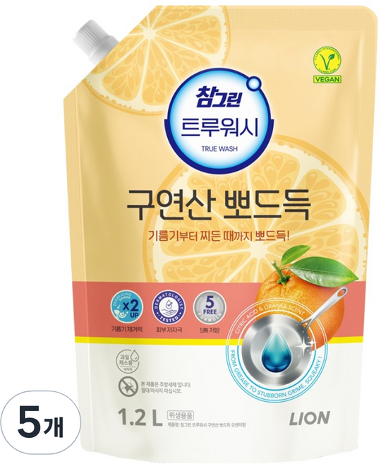 참그린 트루워시 구연산 오렌지 뽀드득 주방세제 리필, 5개, 1.2L