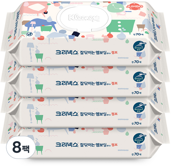 크리넥스 잘닦이는 엠보싱 점보 물티슈 캡형, 70매, 8개