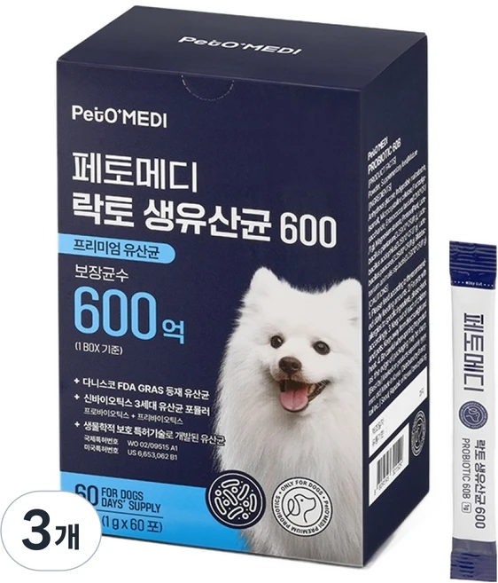 페토메디 강아지 락토 보장균 600억 영양제 60포, 60g, 장건강/유산균, 3개 - 쿠팡