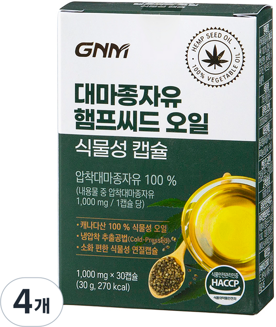 자연의품격 대마종자유 햄프씨드 오일 식물성 캡슐 30g, 30정, 4개