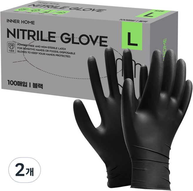 이너홈 니트릴장갑 100p, 블랙, 대(L), 2개