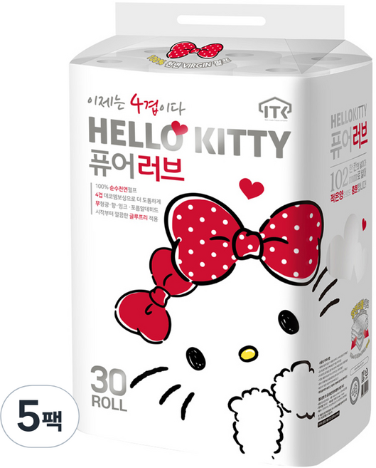 헬로키티 퓨어러브 4겹 천연펄프 롤화장지, 20m, 30롤, 5개