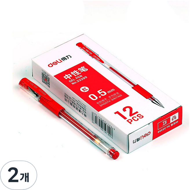 델리 중성펜 0.5mm 볼펜 12p, 레드, 2개