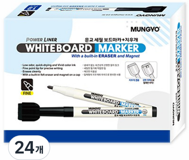 문교 세필 보드마카 지우개, 검정, 24개