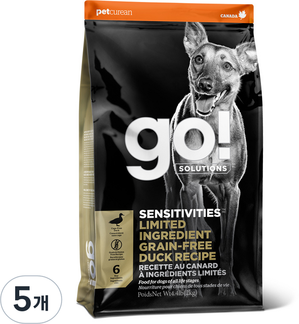 go 전연령 강아지 센서티브 LID 레시피 건식사료, 오리, 2kg, 5개