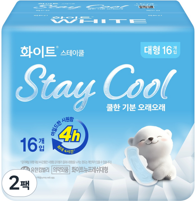 화이트 스테이쿨 생리대 날개형, 대형, 16개입, 2개