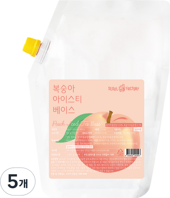 서울팩토리 복숭아 아이스티 베이스, 2kg, 5개