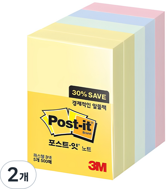 포스트잇 노트 알뜰팩 656-5, 노랑+애플민트+크림블루+러블리핑크, 500매, 2개