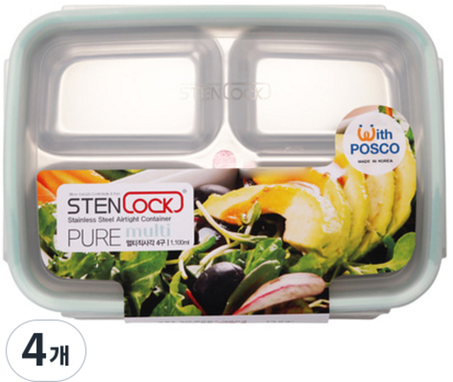 스텐락 퓨어 멀티 4구 밀폐용기 직사각 4호, 4개, 1.1L