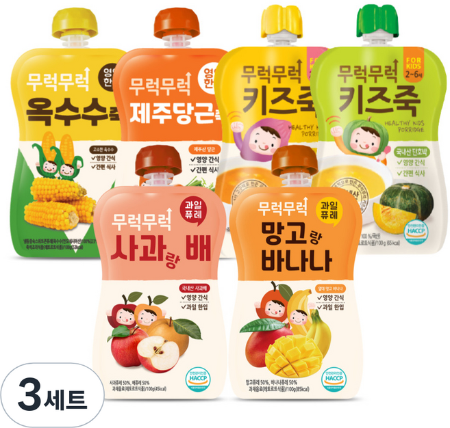 이유케어스 유아용 무럭무럭 키즈죽 6종 세트, 옥수수, 당근, 단호박, 고구마, 사과랑배, 망고랑바나나, 3세트, 100g