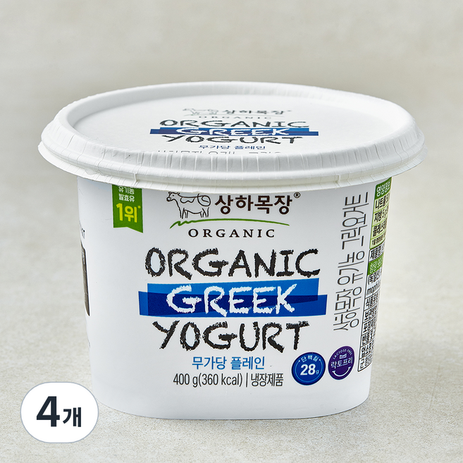 상하목장 유기농 인증 무가당 그릭요거트 플레인, 400g, 4개