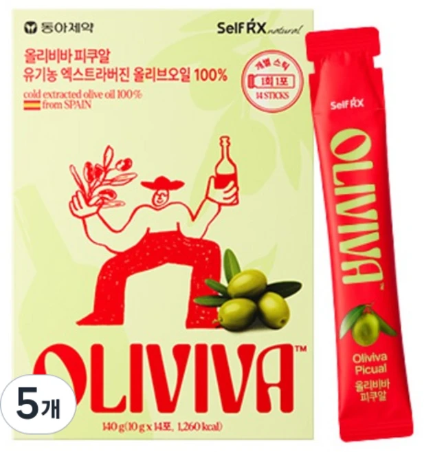 셀파렉스 올리비바 피쿠알 유기농 엑스트라버진 올리브 오일 14p, 140g, 5개 - 쿠팡