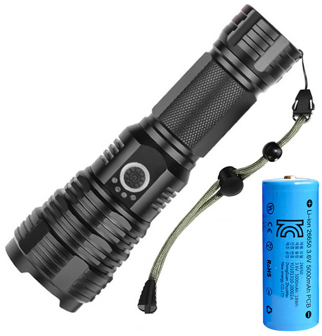 미나티 J65 XHP70.2 LED 줌 써치라이트 + 26650 충전식 배터리, 블랙, 1세트