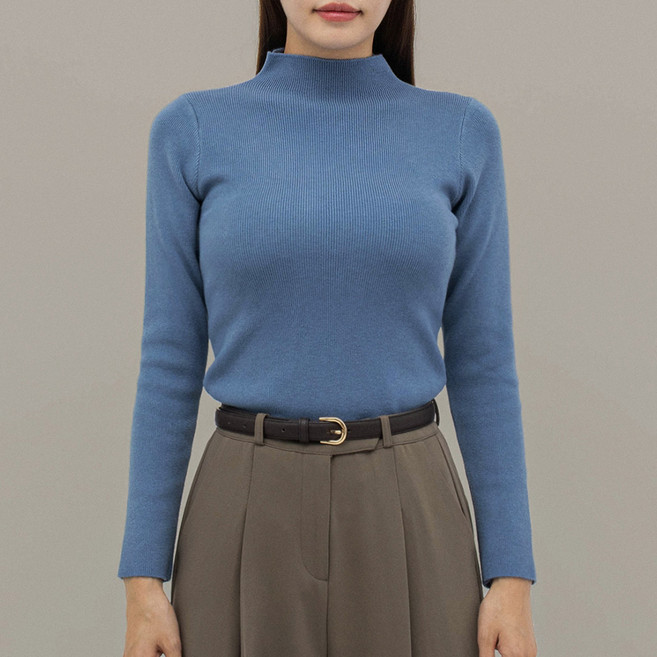 Elsso 女款柔軟秋冬高領羅紋內搭長袖羊毛混紡針織衫