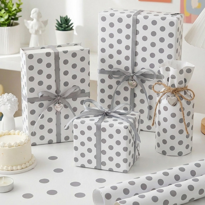 리드홈 깔끔한 선물포장 종이 롤 포장지 대형 땡땡이 70 x 100 cm 3p + 양면 테이프 4.3m 세트, 03 땡땡이 화이트 그레이, 1세트