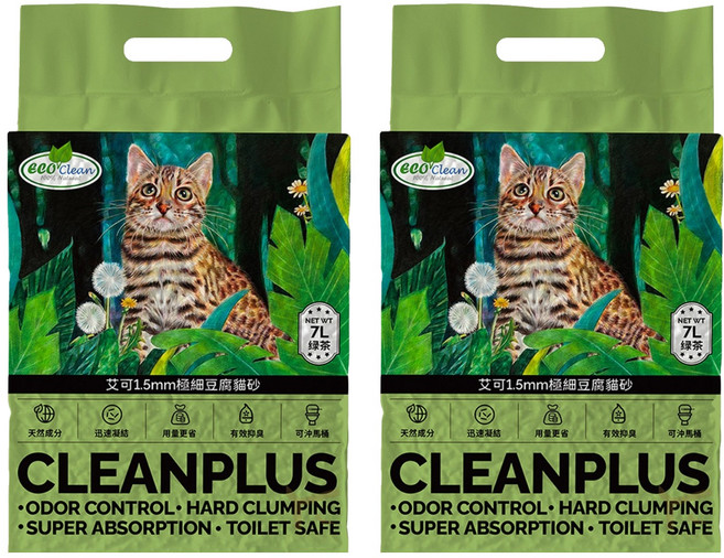 ECO Clean 1.5mm極細豆腐貓砂, 綠茶, 7L, 2袋