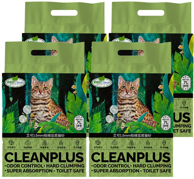 ECO Clean 1.5mm極細豆腐貓砂, 綠茶, 7L, 4袋