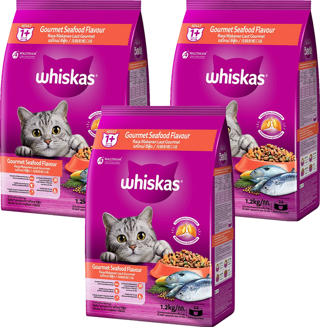 whiskas 偉嘉 貓乾糧, 海鯛鮮蝦口味, 1.2kg, 3袋