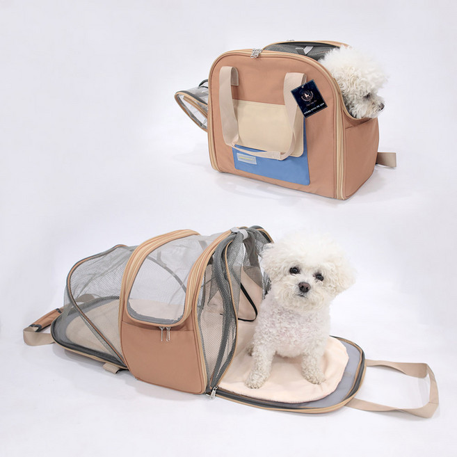딩동펫 반려동물 플러피 메쉬 확장형 이동가방, 베이지, 1개