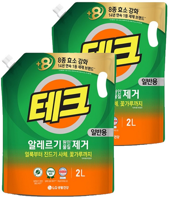 [비건라이프] 테크 알레르기 원인물질 제거 일반용 액상세제 리필, 2L, 2개